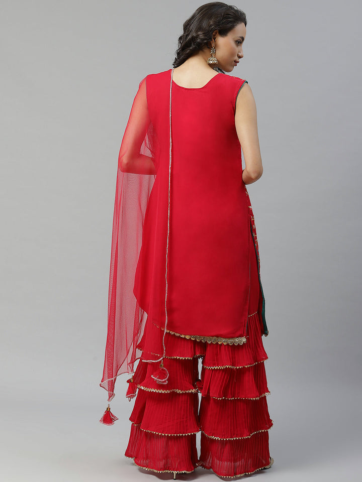 Magenta Thread & Gotta Patti Embroidery Kurta Sharara Set with Net Dupatta & Beads Tassels