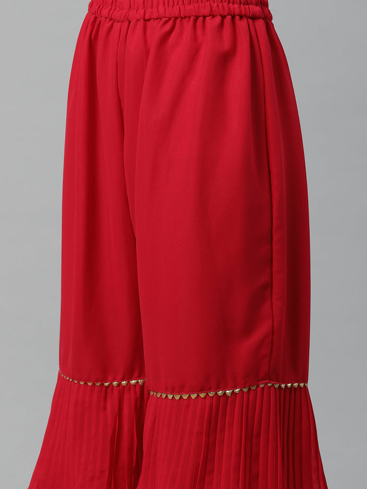 Magenta Thread & Gotta Patti Embroidery Kurta Sharara Set with Net Dupatta & Beads Tassels
