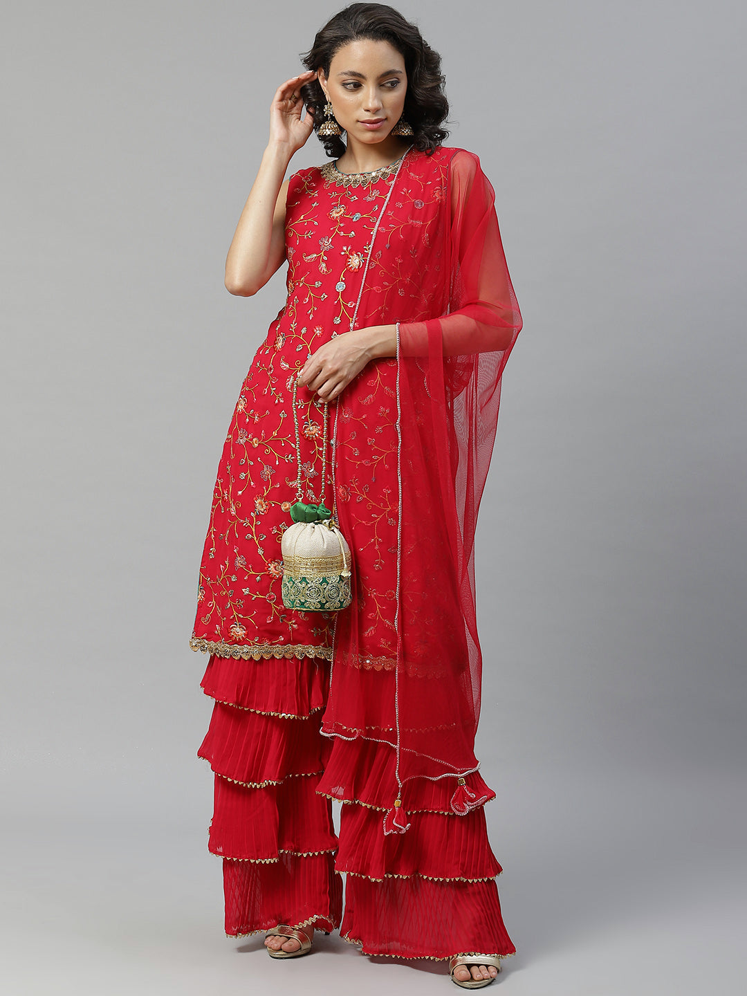 Magenta Thread & Gotta Patti Embroidery Kurta Sharara Set with Net Dupatta & Beads Tassels