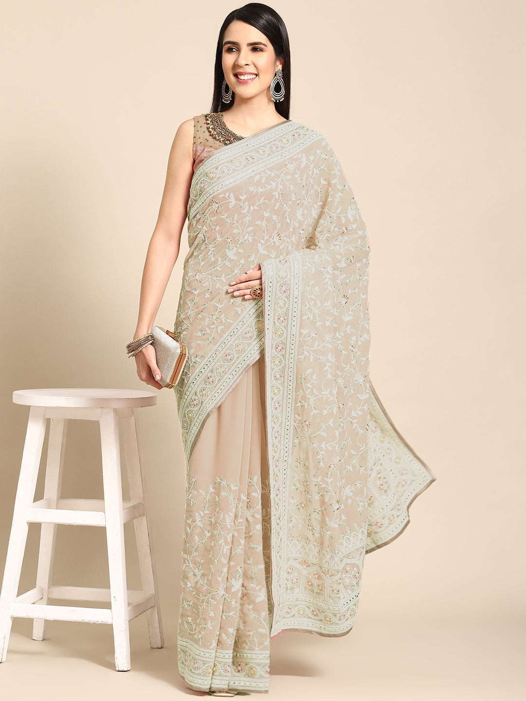 Pastel Beige Georgette Heavy Resham White Thread Ethnic Saree