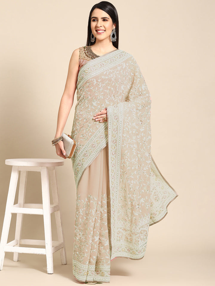 Pastel Beige Georgette Heavy Resham White Thread Ethnic Saree