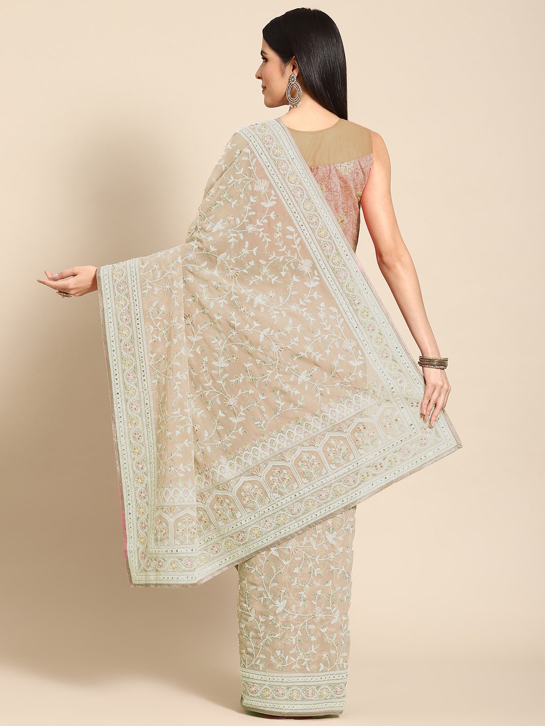 Pastel Beige Georgette Heavy Resham White Thread Ethnic Saree