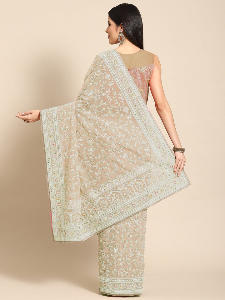Pastel Beige Georgette Heavy Resham White Thread Ethnic Saree