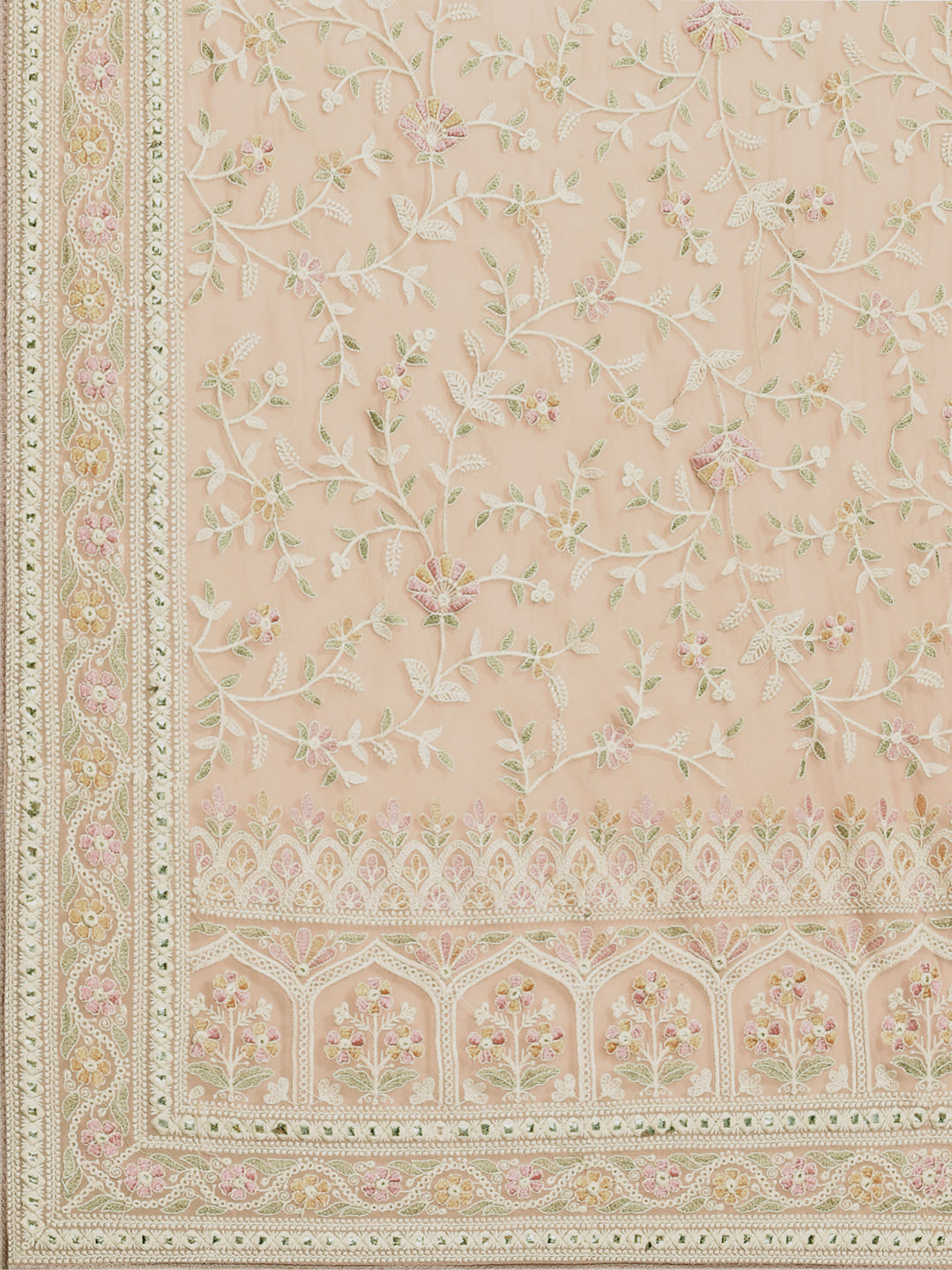 Pastel Beige Georgette Heavy Resham White Thread Ethnic Saree