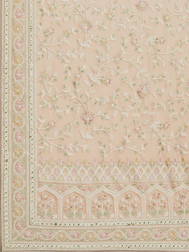 Pastel Beige Georgette Heavy Resham White Thread Ethnic Saree