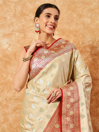 Chhabra 555 Gold Beige Ethnic Motif Banarasi Silk Traditional Khaitan Saree with Contrast Red Border