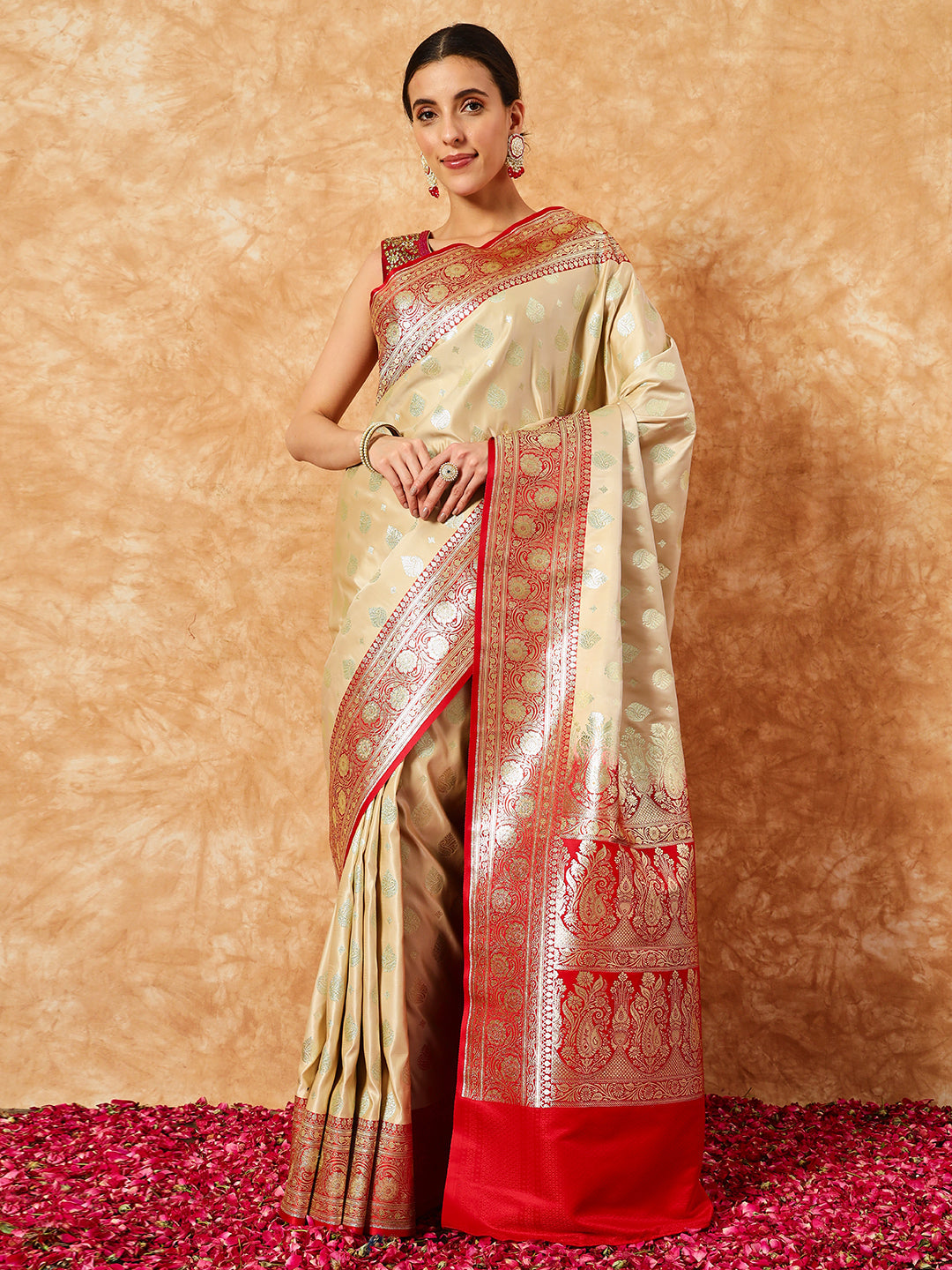 Gold Beige Ethnic Motif Banarasi Silk Traditional Khaitan Saree