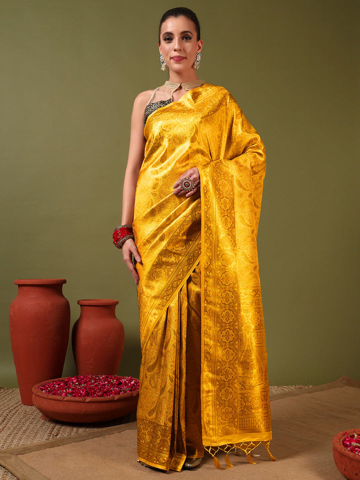Traditional Banarasi Handloom Silk Saree with Ethnic Zari Paisley Weaving & Jhalar Pallu
