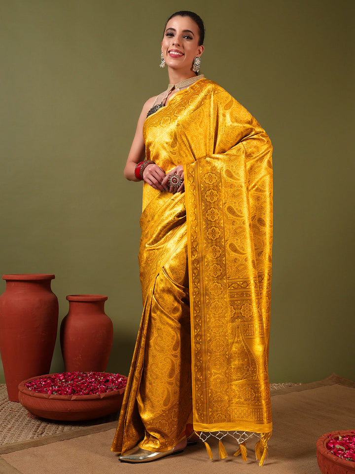 Traditional Banarasi Handloom Silk Saree with Ethnic Zari Paisley Weaving & Jhalar Pallu