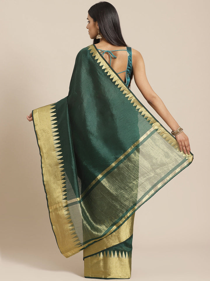 Kanjiwaram Dupion Silk Saree with Ethnic Temple Weaving Gold Zari Broad Border