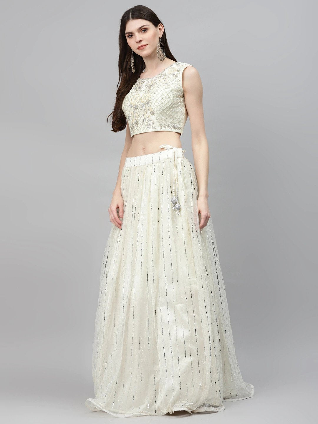 Ivory Embellished Lehenga Set with Silver Cutdana Embroidery Blouse & Net Dupatta