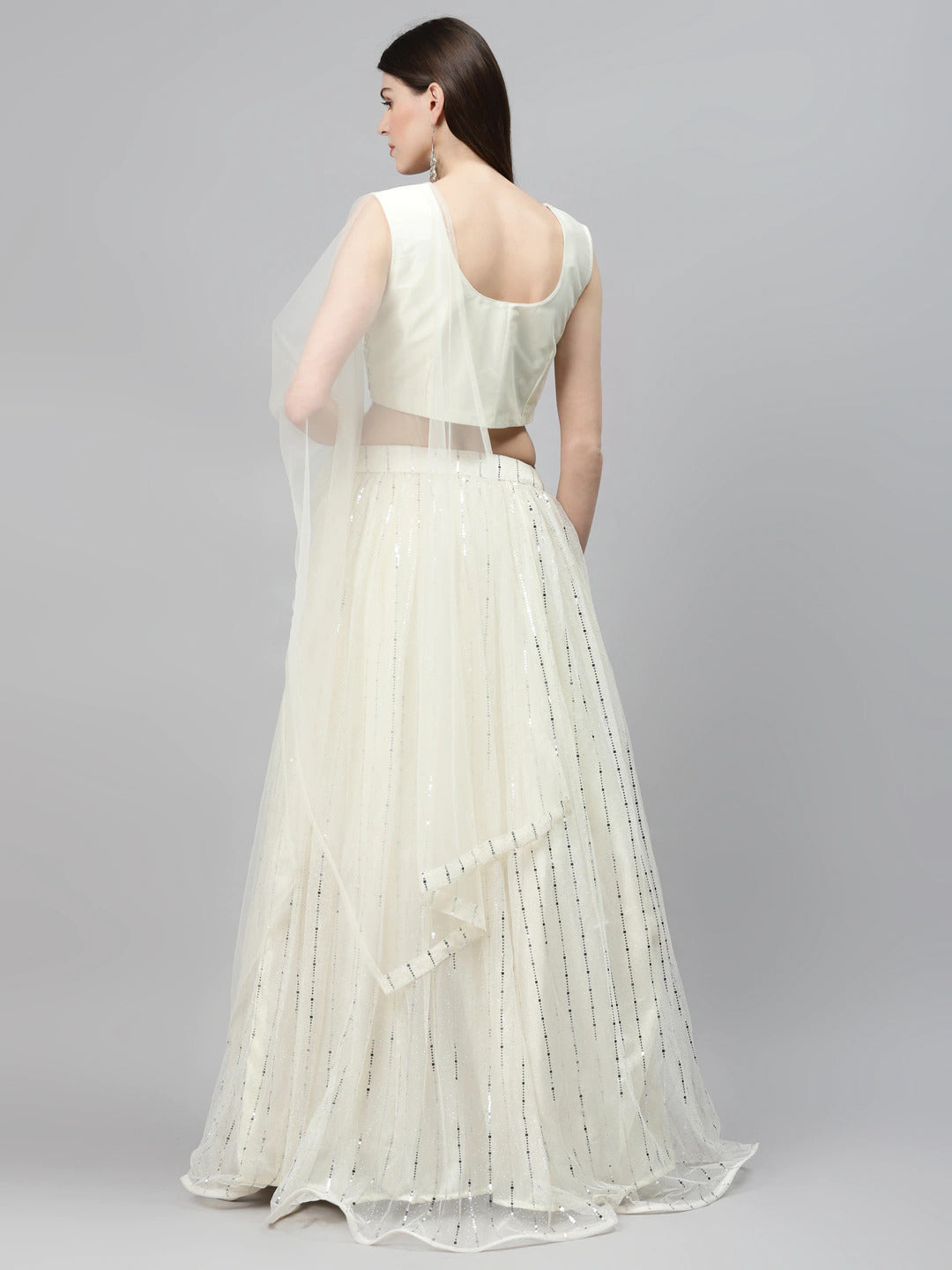 Ivory Embellished Lehenga Set with Silver Cutdana Embroidery Blouse & Net Dupatta