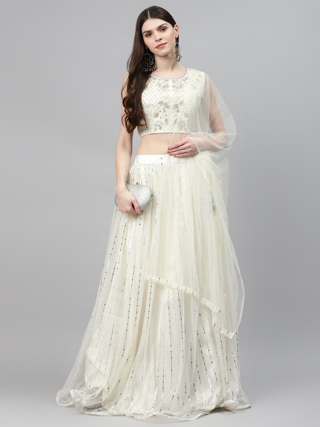 Ivory Embellished Lehenga Set with Silver Cutdana Embroidery Blouse & Net Dupatta