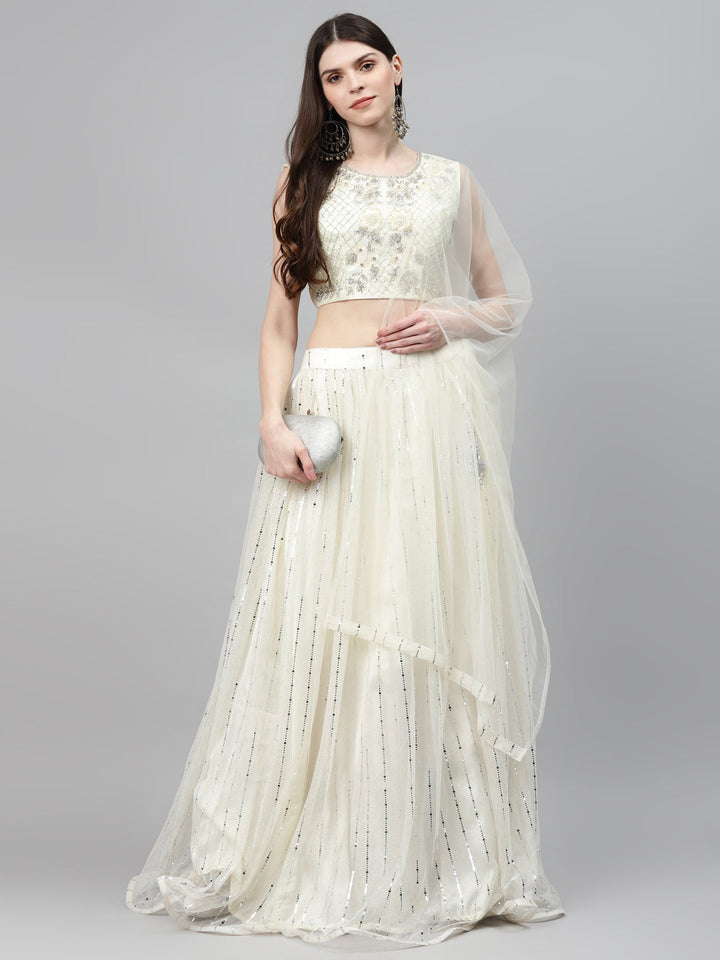 Ivory Embellished Lehenga Set with Silver Cutdana Embroidery Blouse & Net Dupatta