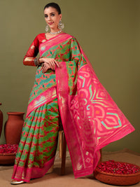 Ikat Pochampally Silk Saree with Meenakari Weaving & Contrast Temple Border