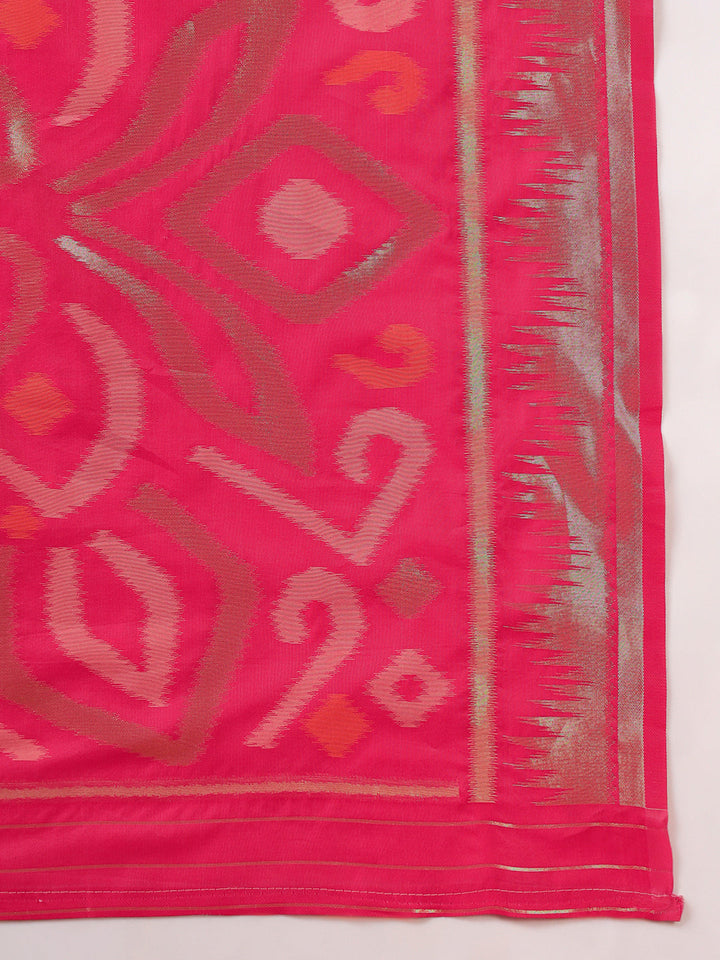 Ikat Pochampally Silk Saree with Meenakari Weaving & Contrast Temple Border