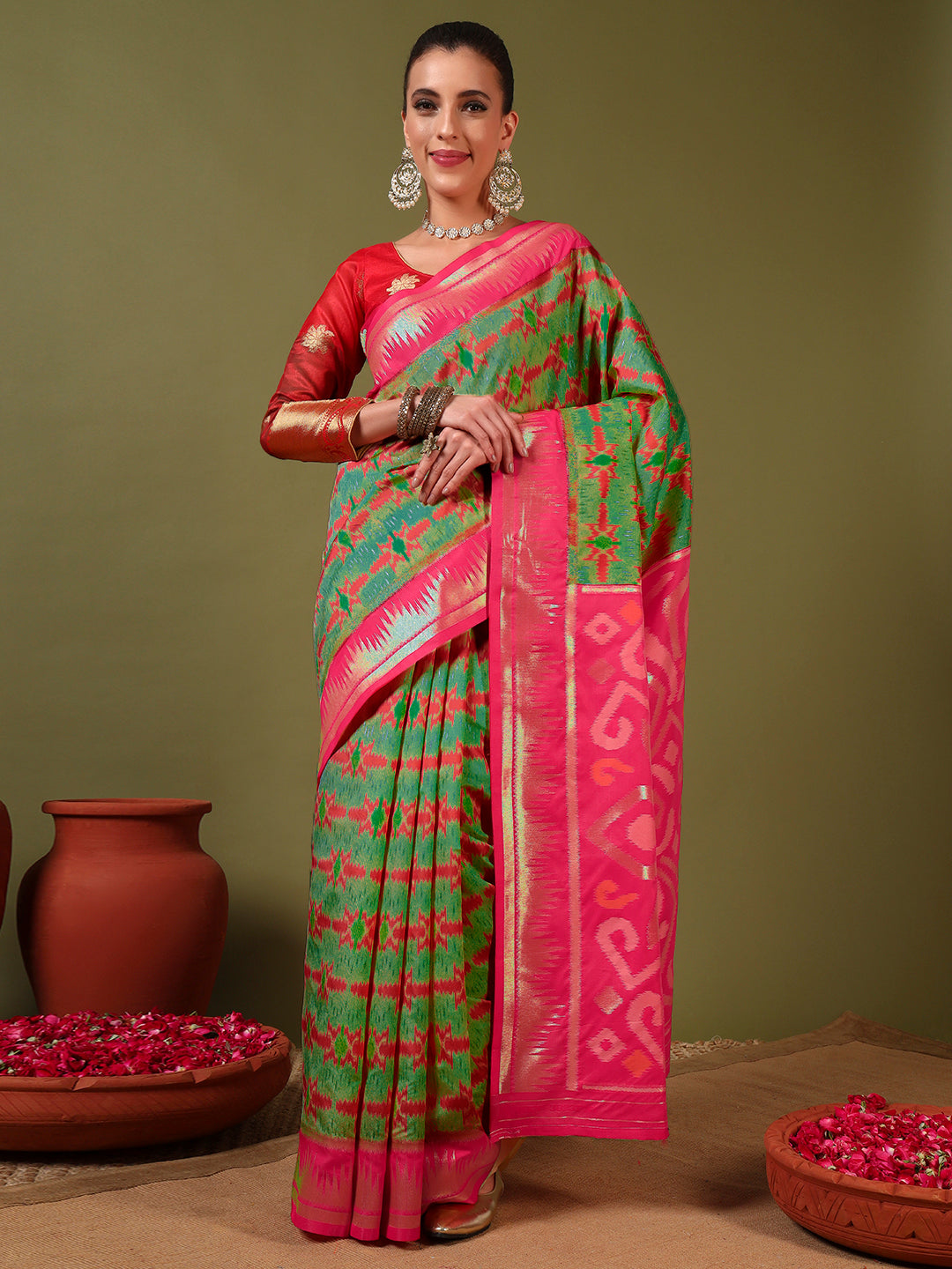 Ikat Pochampally Silk Saree with Meenakari Weaving & Contrast Temple Border
