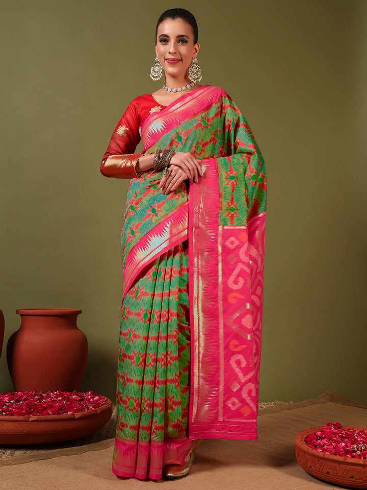 Ikat Pochampally Silk Saree with Meenakari Weaving & Contrast Temple Border
