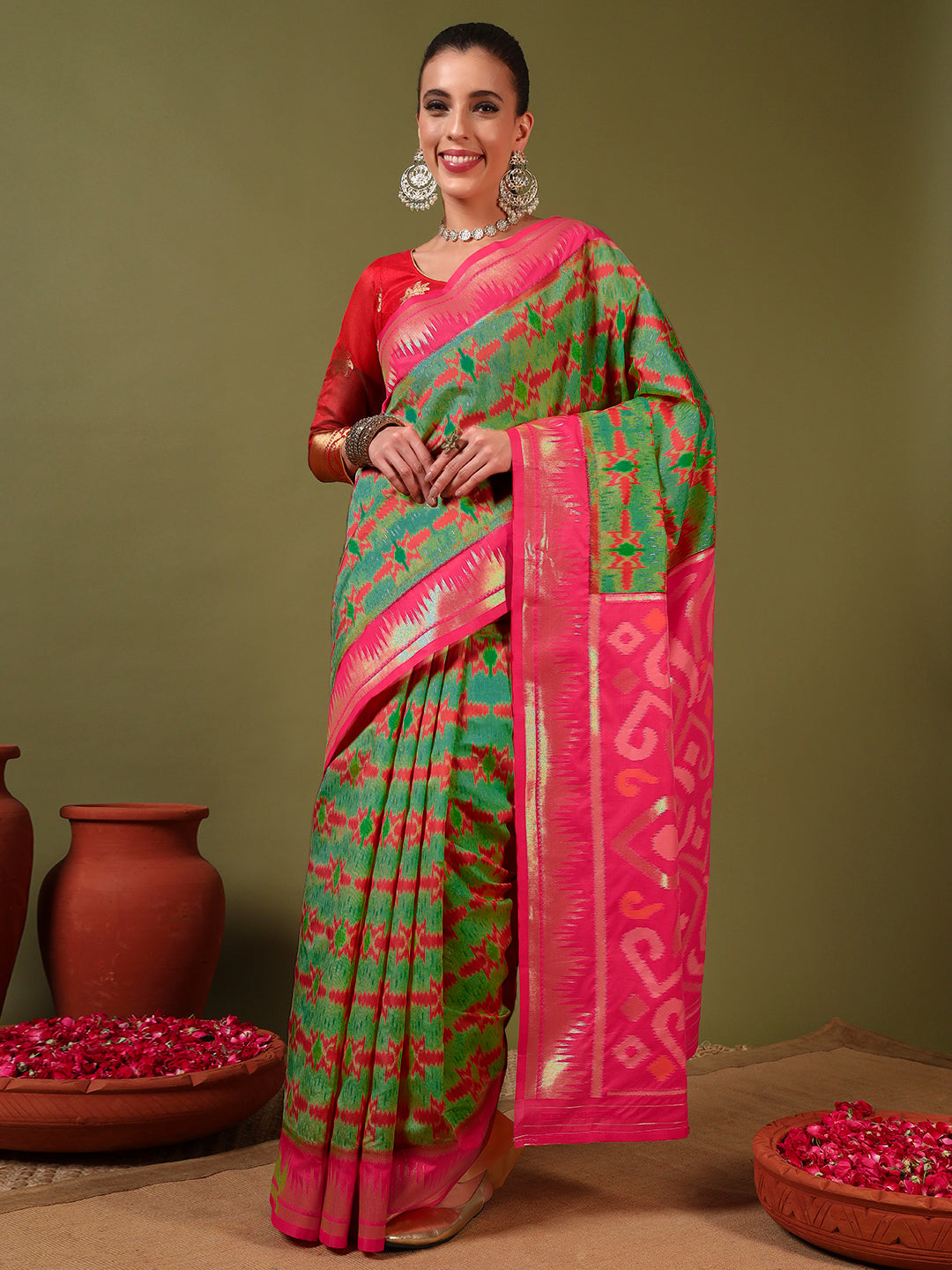 Ikat Pochampally Silk Saree with Meenakari Weaving & Contrast Temple Border