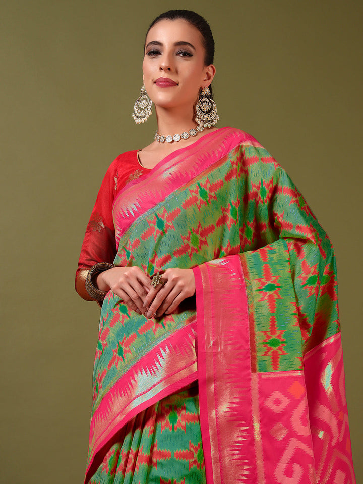 Ikat Pochampally Silk Saree with Meenakari Weaving & Contrast Temple Border