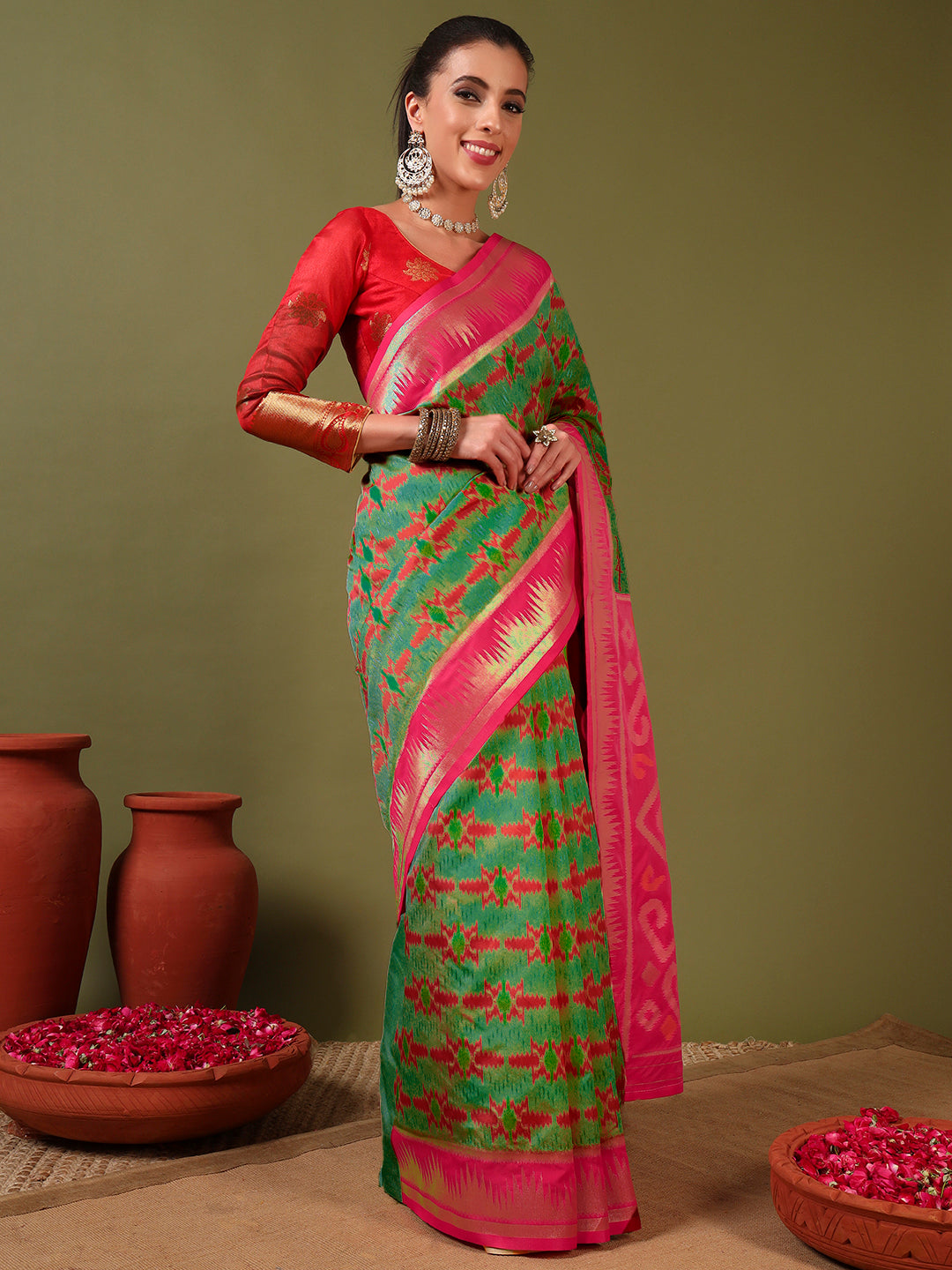 Ikat Pochampally Silk Saree with Meenakari Weaving & Contrast Temple Border