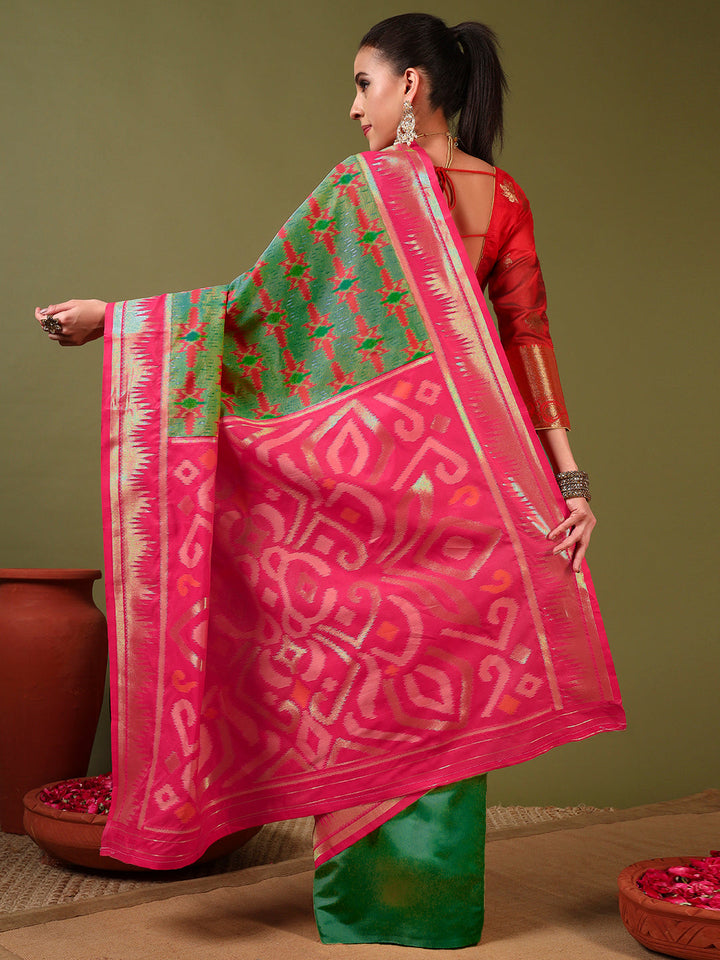 Ikat Pochampally Silk Saree with Meenakari Weaving & Contrast Temple Border
