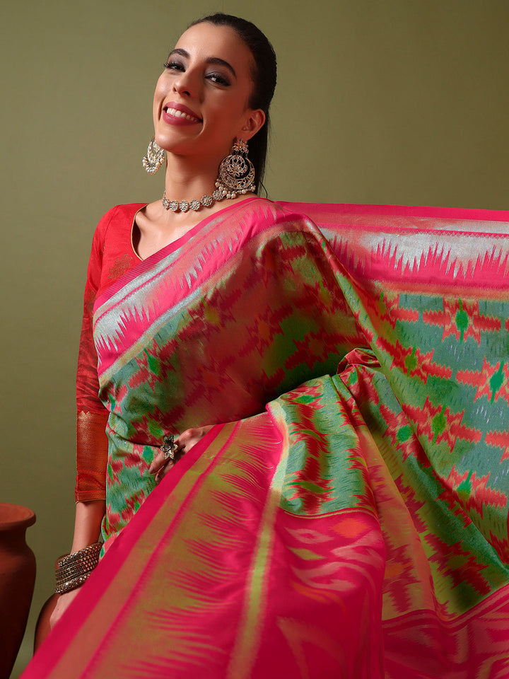 Ikat Pochampally Silk Saree with Meenakari Weaving & Contrast Temple Border