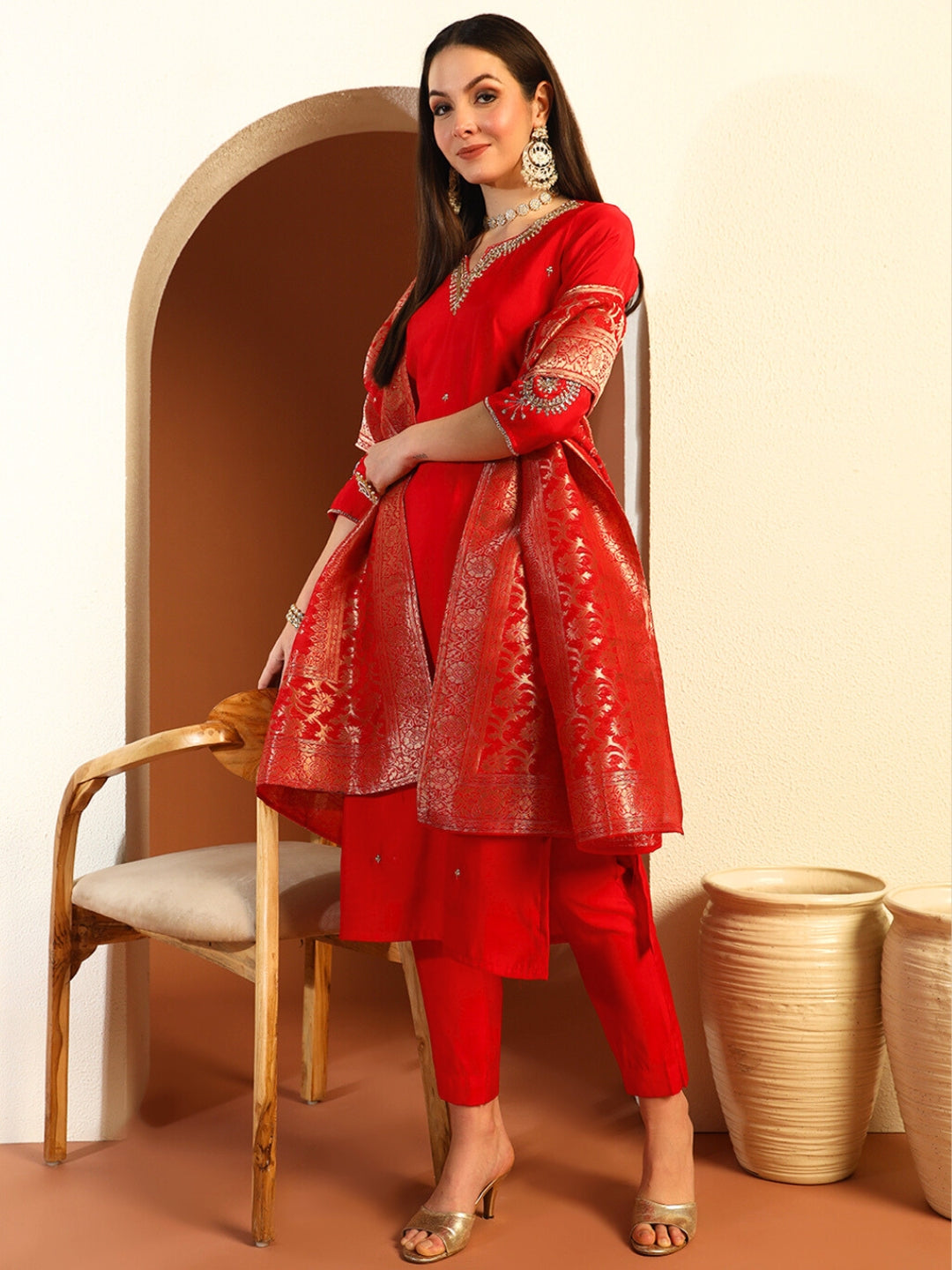 Chhabra 555 Zardozi Sequin Embroidered Kurta Set with Stylized Sleeves & Banarasi Handloom Dupatta