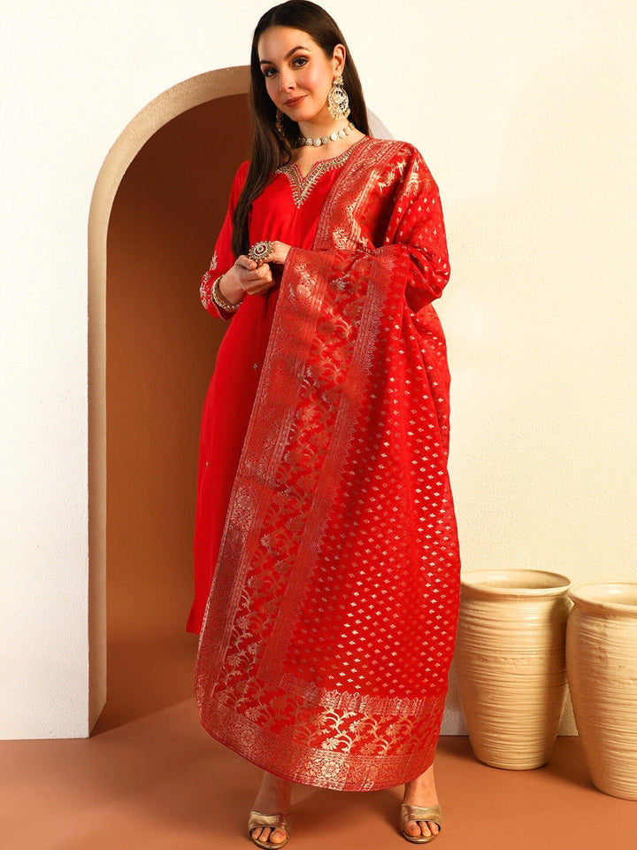 Zardozi Sequin Embroidered Kurta Set with Stylized Sleeves & Banarasi Handloom Dupatta