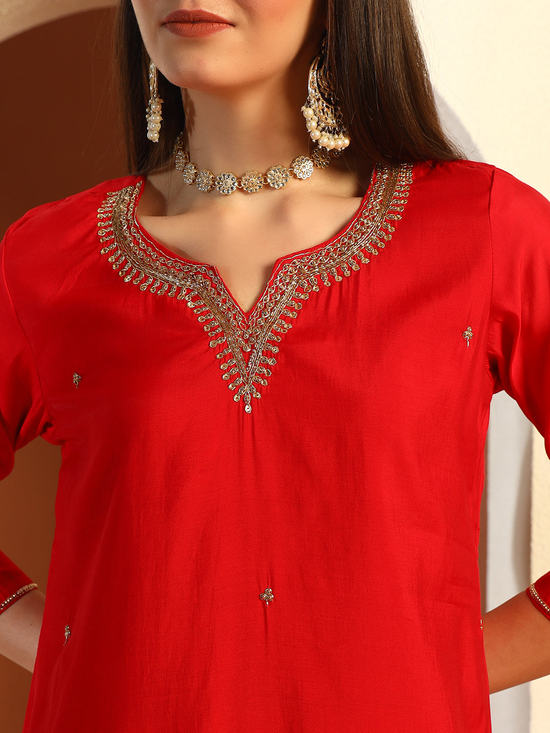 Zardozi Sequin Embroidered Kurta Set with Stylized Sleeves & Banarasi Handloom Dupatta