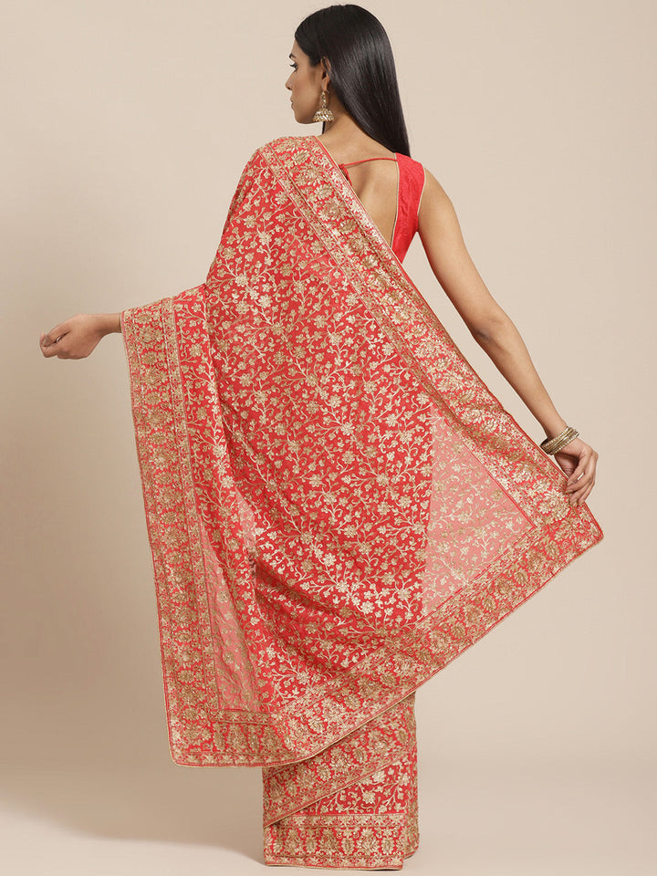 Bridal Coral Georgette Saree with Embroidered Dupatta & Gold Aari Floral Work