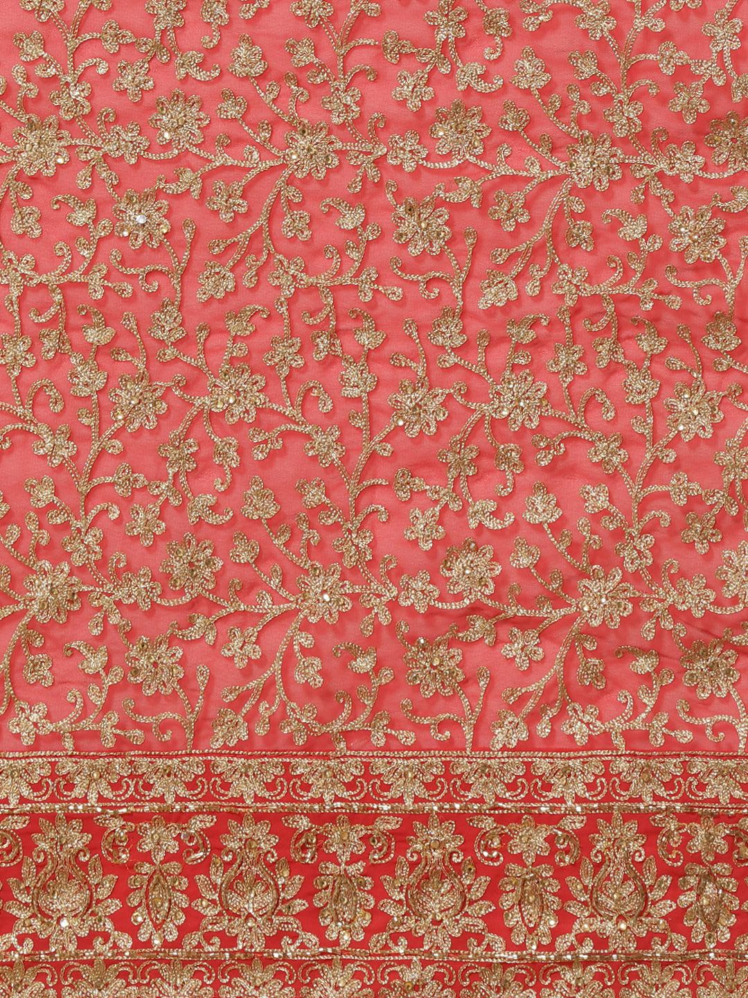 Bridal Coral Georgette Saree with Embroidered Dupatta & Gold Aari Floral Work