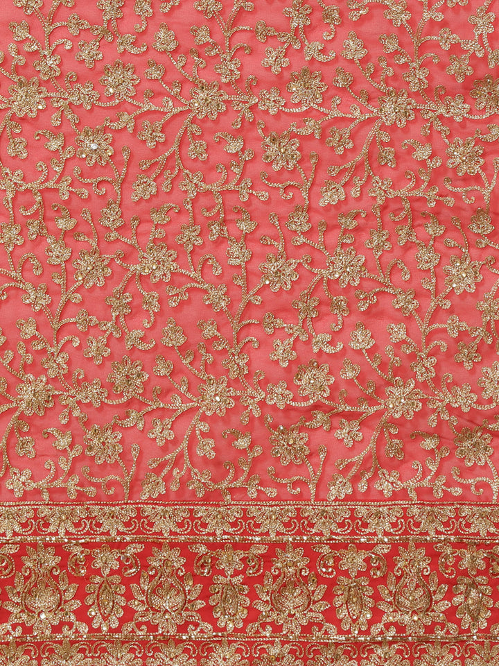 Bridal Coral Georgette Saree with Embroidered Dupatta & Gold Aari Floral Work