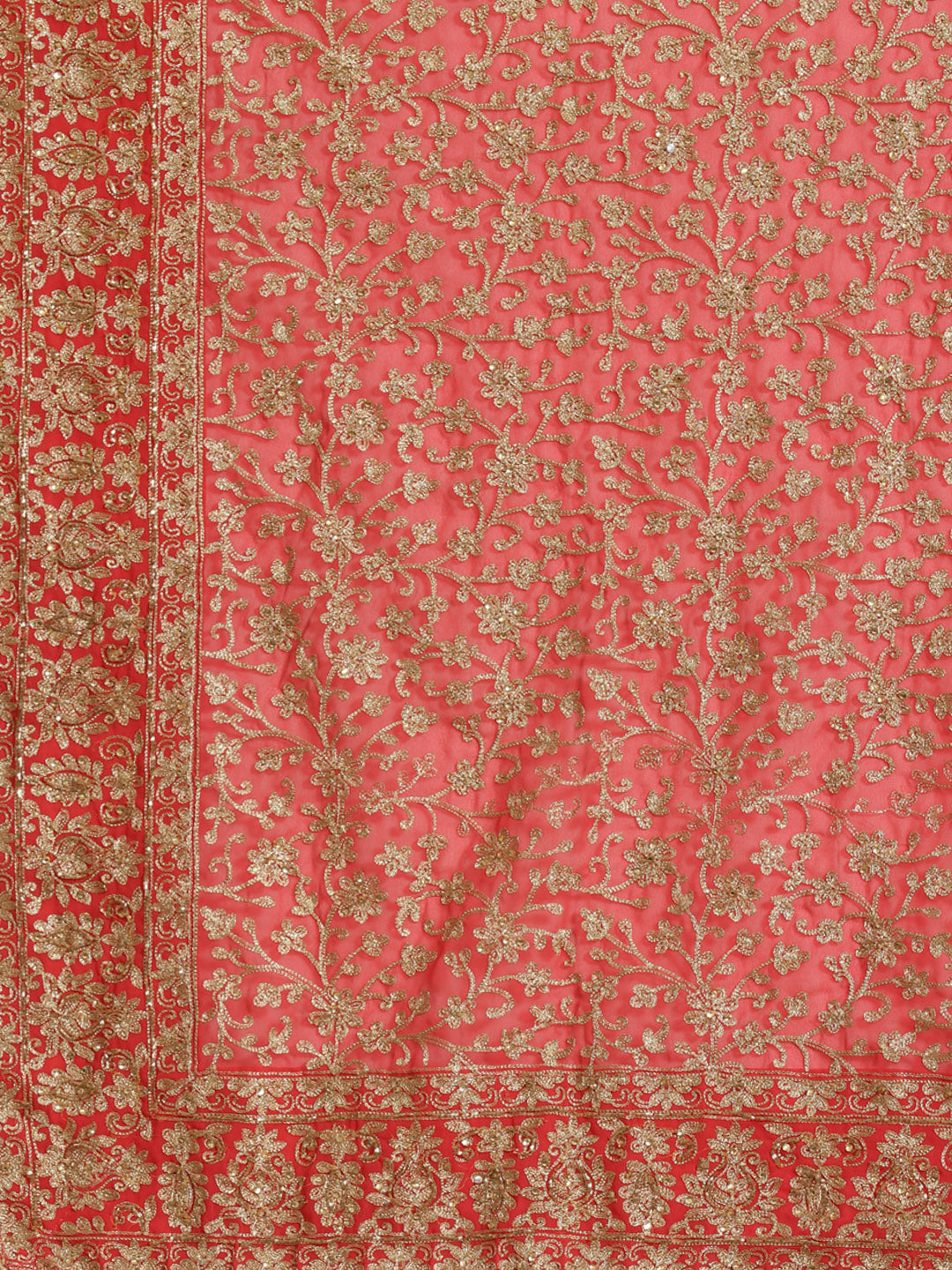 Bridal Coral Georgette Saree with Embroidered Dupatta & Gold Aari Floral Work
