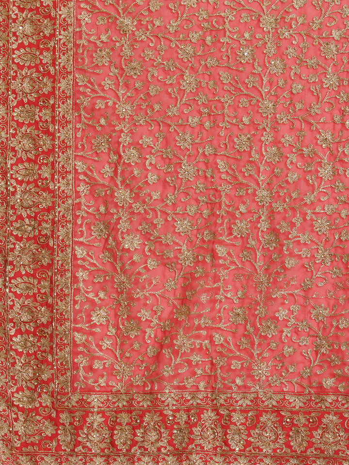 Bridal Coral Georgette Saree with Embroidered Dupatta & Gold Aari Floral Work