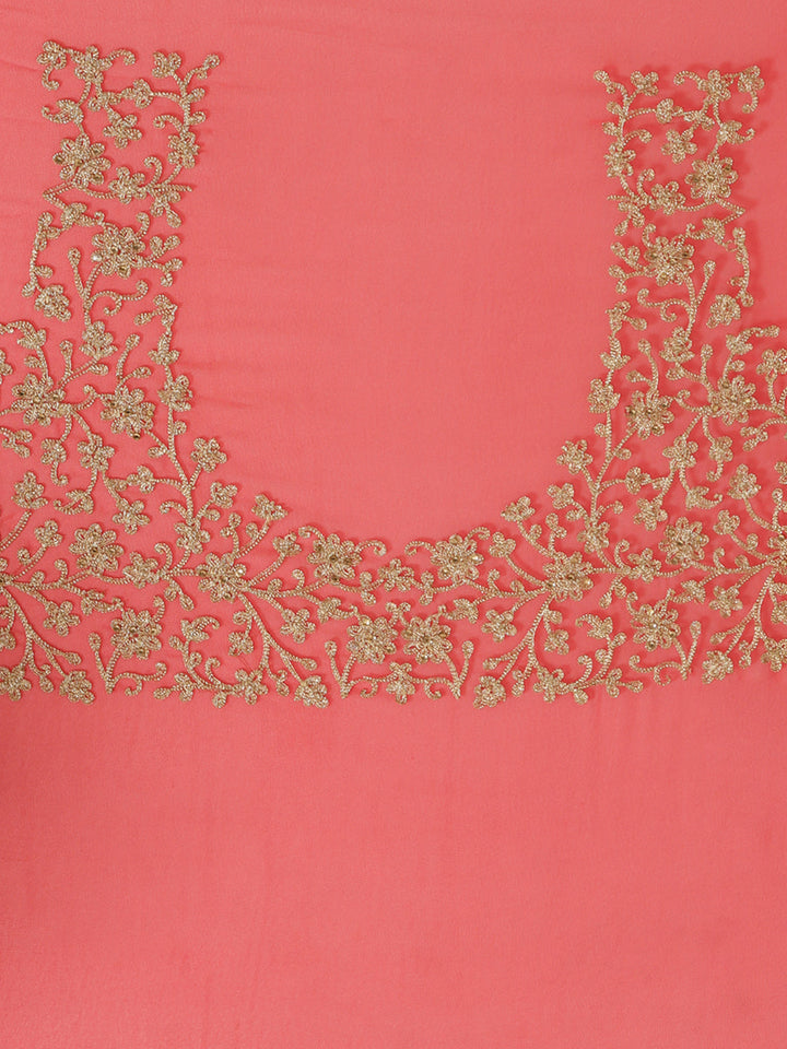 Bridal Coral Georgette Saree with Embroidered Dupatta & Gold Aari Floral Work