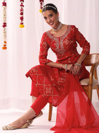 Chhabra 555 Aari Embroidery Gharchola Woven Kurta Set with Bandhani Print & Scalloped Organza Dupatta