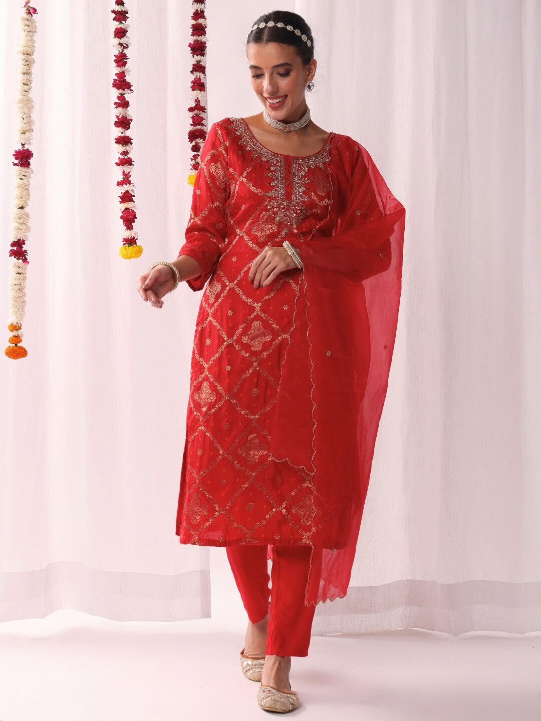Aari Embroidery Gharchola Woven Kurta Set