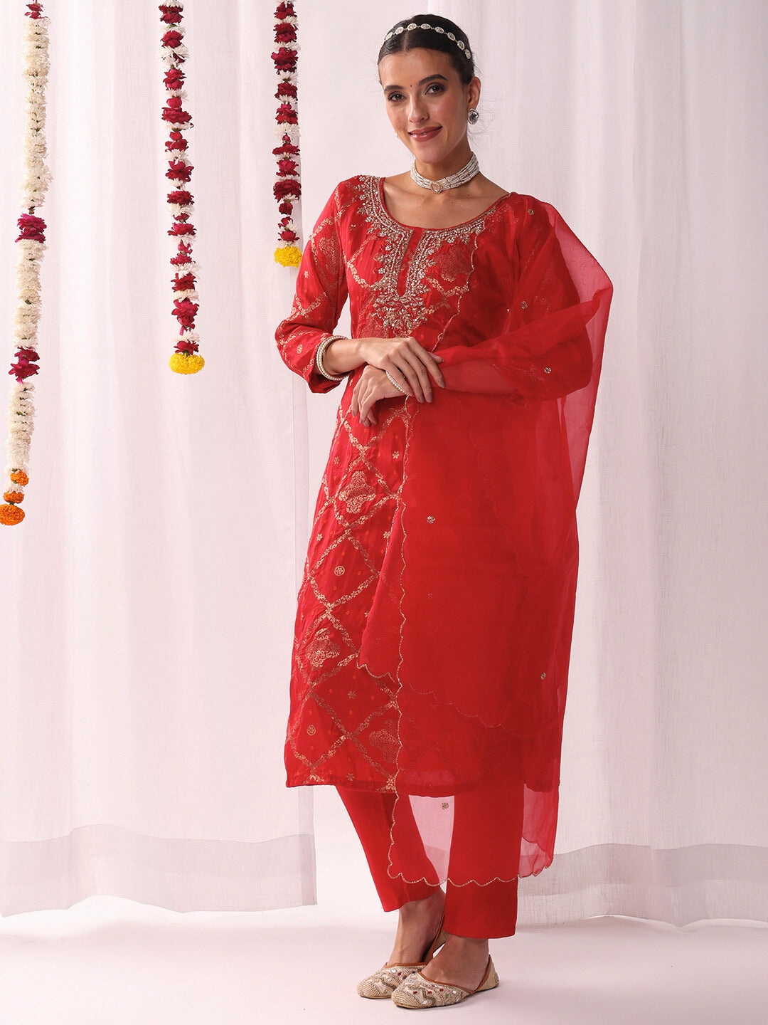Aari Embroidery Gharchola Woven Kurta Set