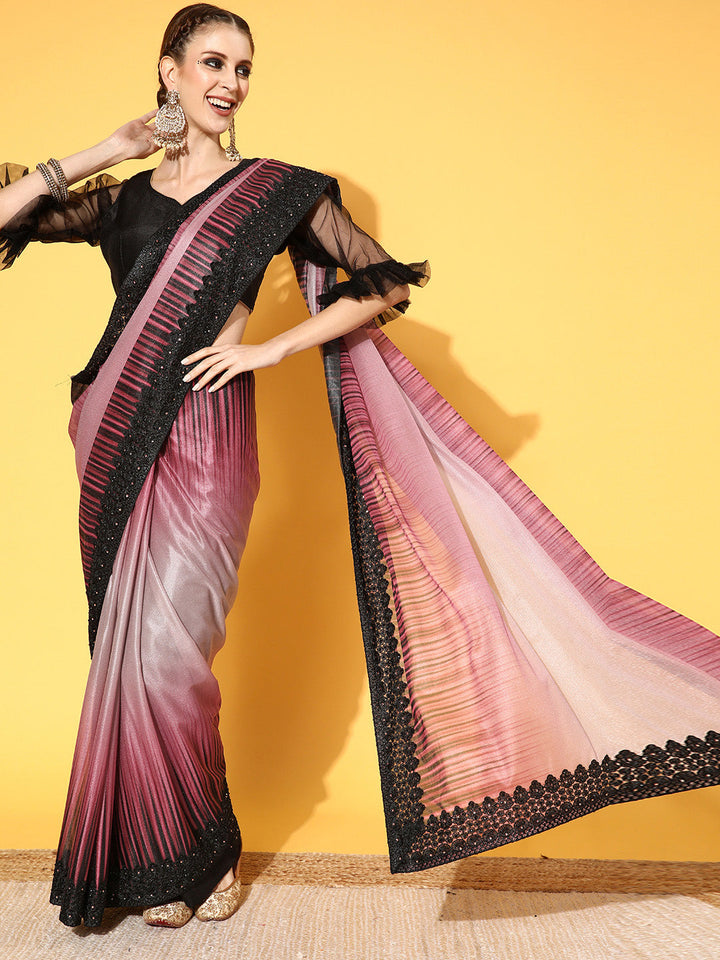 Black Scalloped Lace Border Georgette Saree with ombre Tone effect