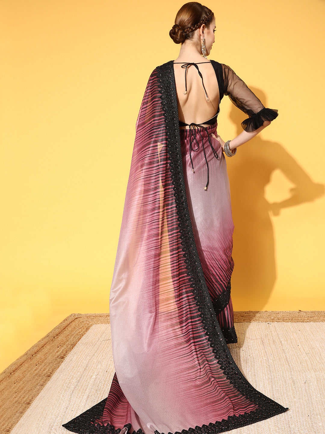 Black Scalloped Lace Border Georgette Saree with ombre Tone effect