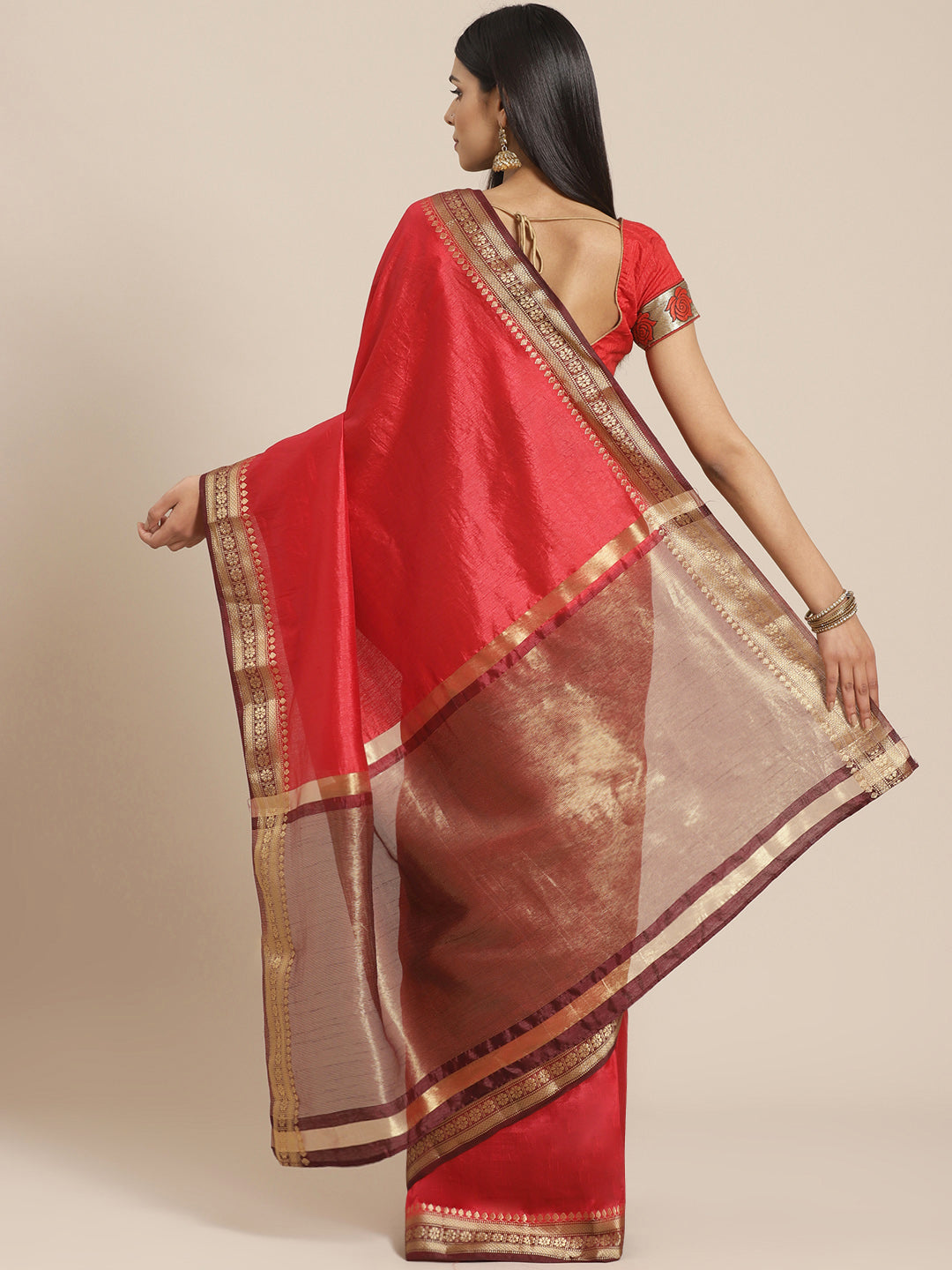 Mysore Silk Saree with Contrast Zari Floral Motif Weaving Border