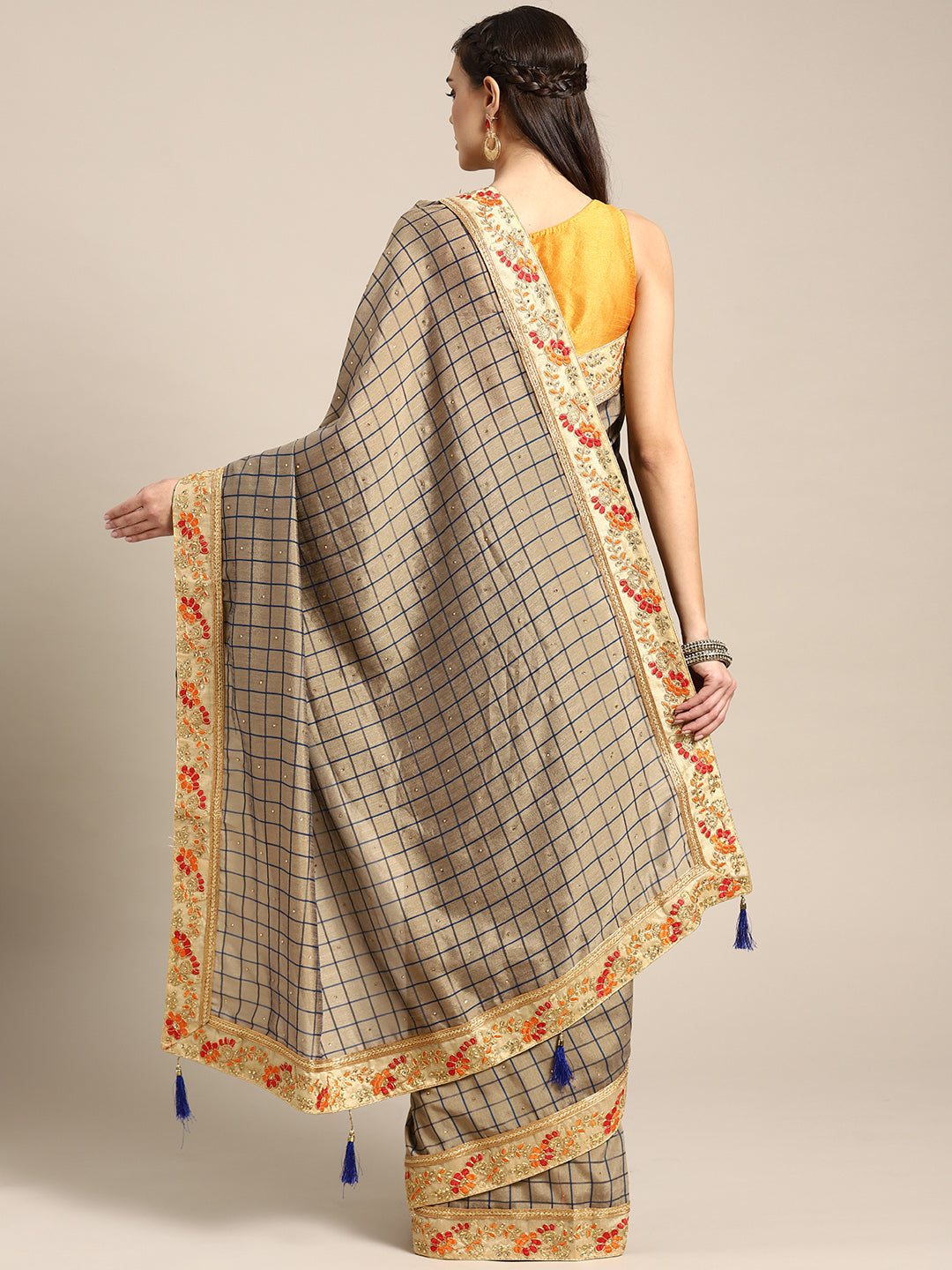 Embellished Crepe Checked Saree with Zari Resham Embroidery