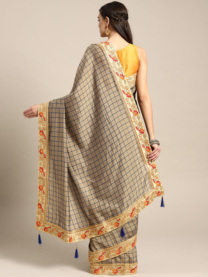 Embellished Crepe Checked Saree with Zari Resham Embroidery