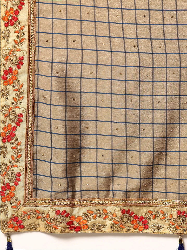 Embellished Crepe Checked Saree with Zari Resham Embroidery