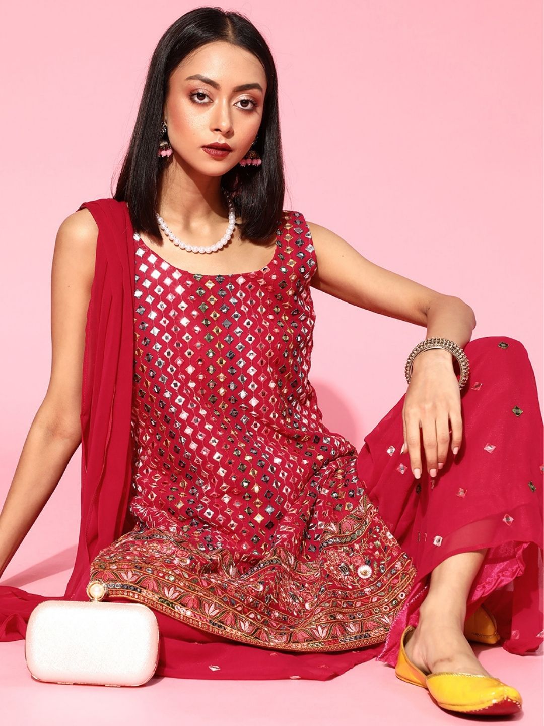 Made to Measure Fuchsia Multicolor Mirror Embroidery Sharara Suit Set & Intricate Border