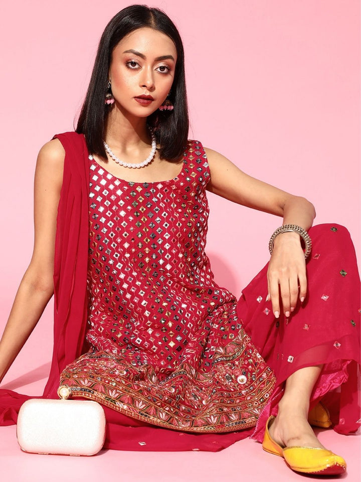 Made to Measure Fuchsia Multicolor Mirror Embroidery Sharara Suit Set & Intricate Border