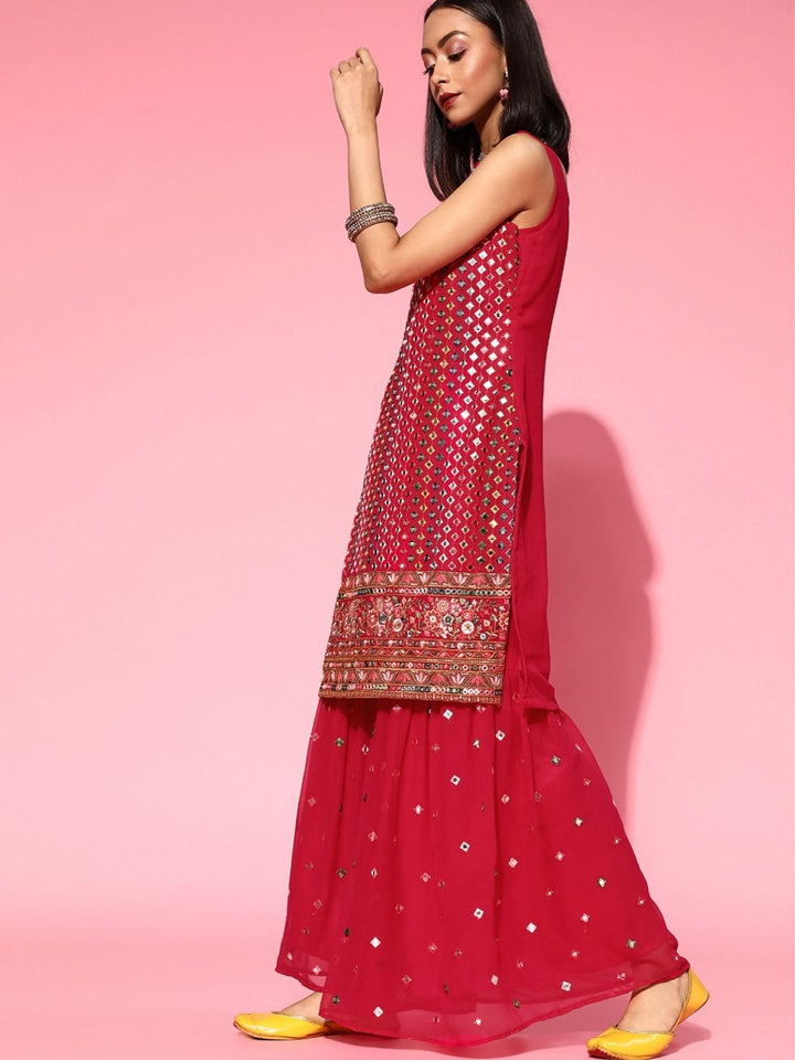 Made to Measure Fuchsia Multicolor Mirror Embroidery Sharara Suit Set & Intricate Border