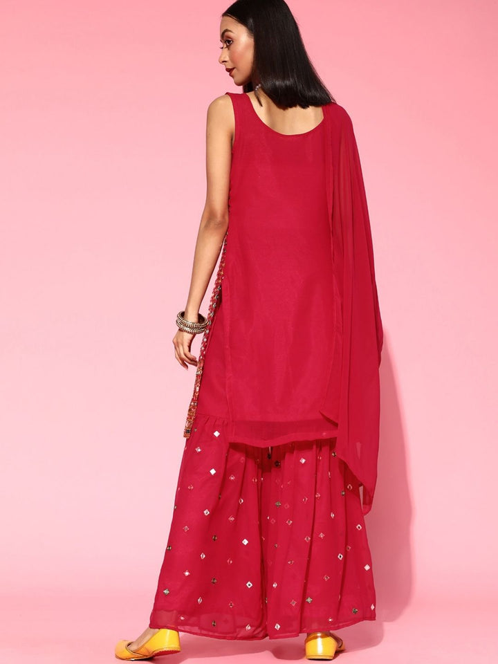 Made to Measure Fuchsia Multicolor Mirror Embroidery Sharara Suit Set & Intricate Border