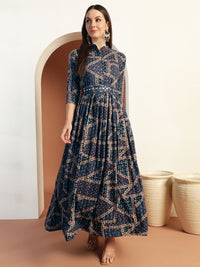 Kalamkari Print Flared Summer Dress with Mirror Sequin Embellishments & Matching belt